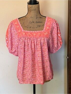 Lucky Brand Pink Floral Square-Yoke Puff Sleeve Blouse